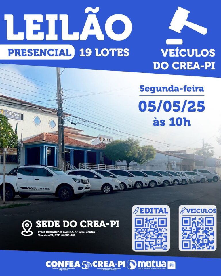 TERESINA/PI: CREA-PI DIVULGA EDITAL DE LEILÃO DE BENS INSERVÍVEIS MARCADO PARA MAIO