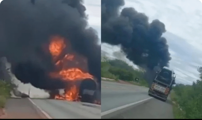 SÃO JOÃO DA FRONTEIRA/PI: CAMINHÃO-TANQUE PEGA FOGO E INTERDITA BR-222