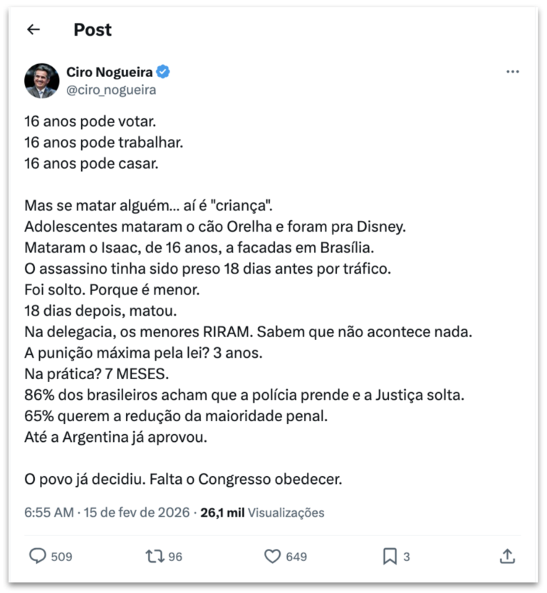 CIRO NOGUEIRA DEFENDE REDUÇÃO DA MAIORIDADE PENAL E COBRA POSICIONAMENTO DO CONGRESSO